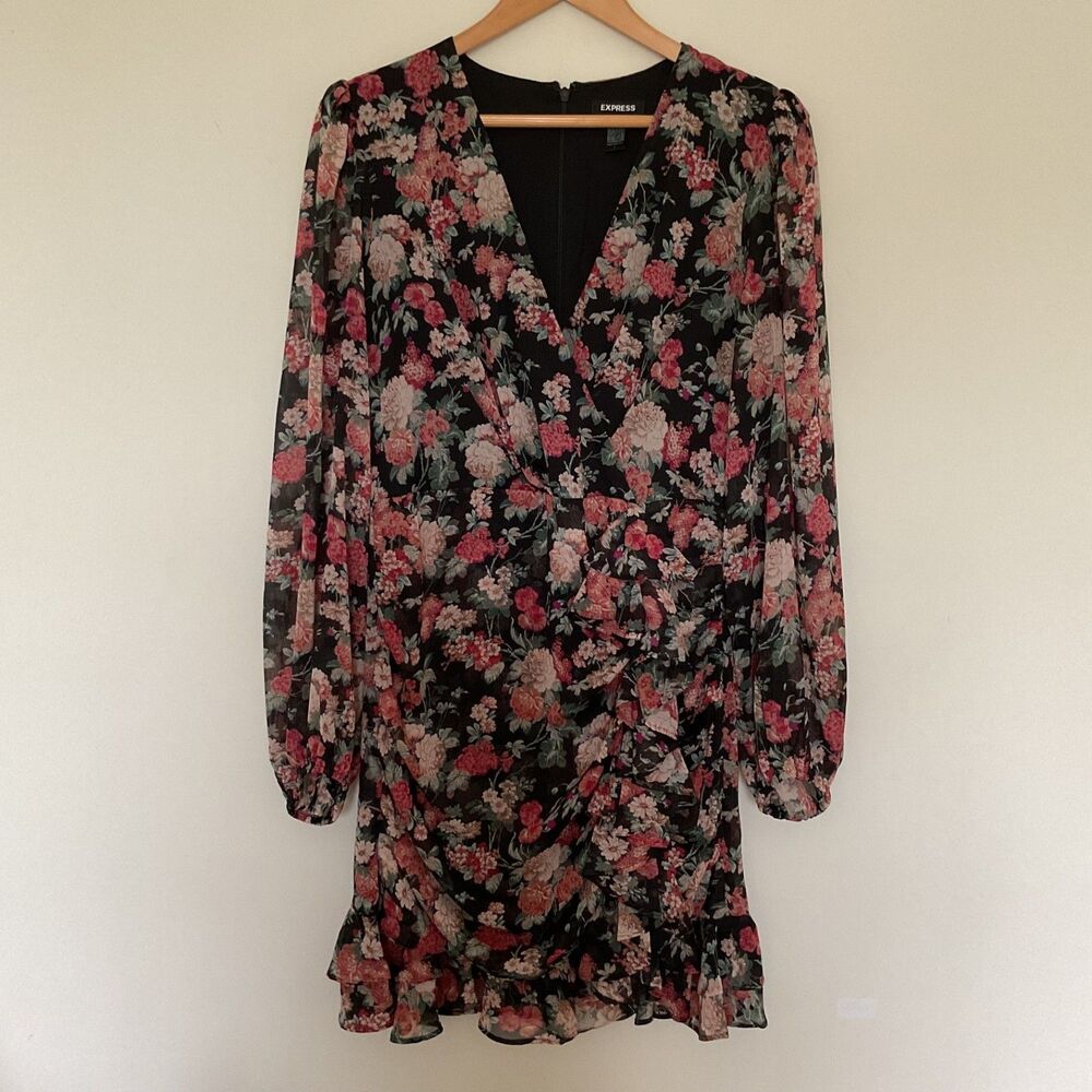 Express Dark Floral V-Neck Faux Wrap Dress L Balloon Sleeve Ruffled Ruched